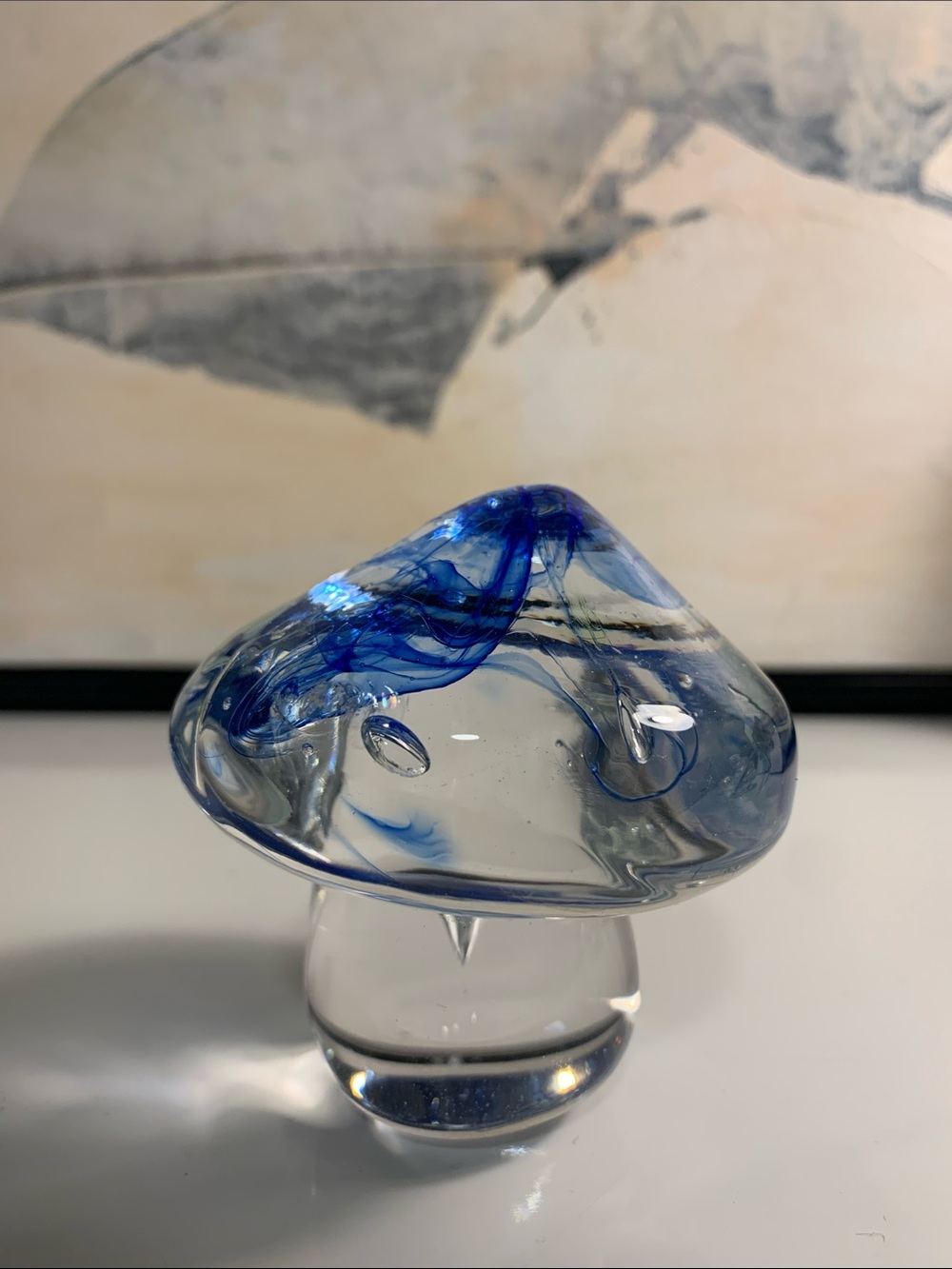 Handblown Blue Swirl Glass Mushroom Sculpture